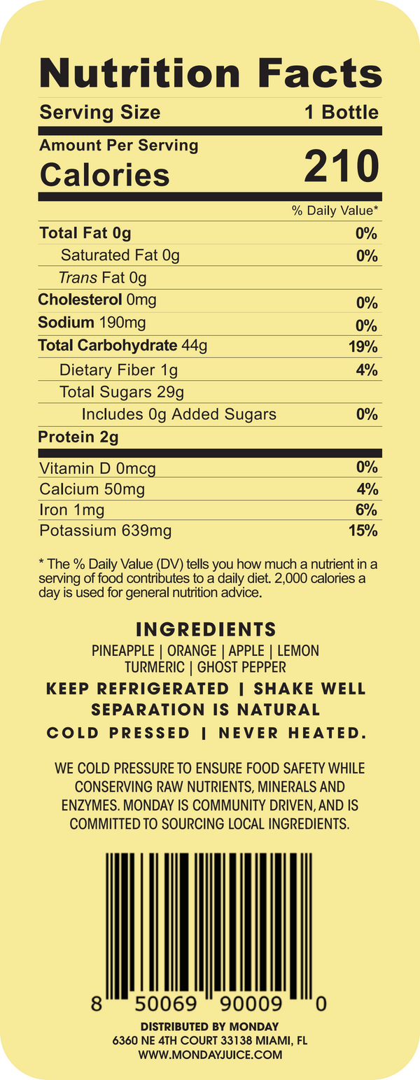 Nutrition facts label for Citrus cold-pressed juice, detailing ingredients, calories, and nutrients per serving.