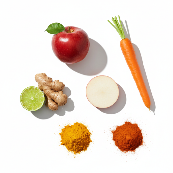 Ingredients for Amber Cold-Pressed Juice: apple, carrot, ginger, turmeric, lime, and jicama.