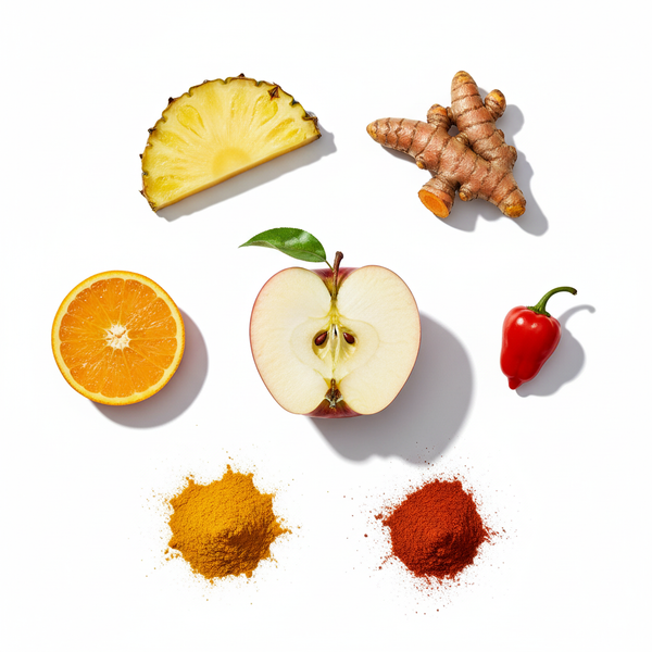 Citrus cold-pressed juice ingredients: pineapple, turmeric, orange, apple, and spices.