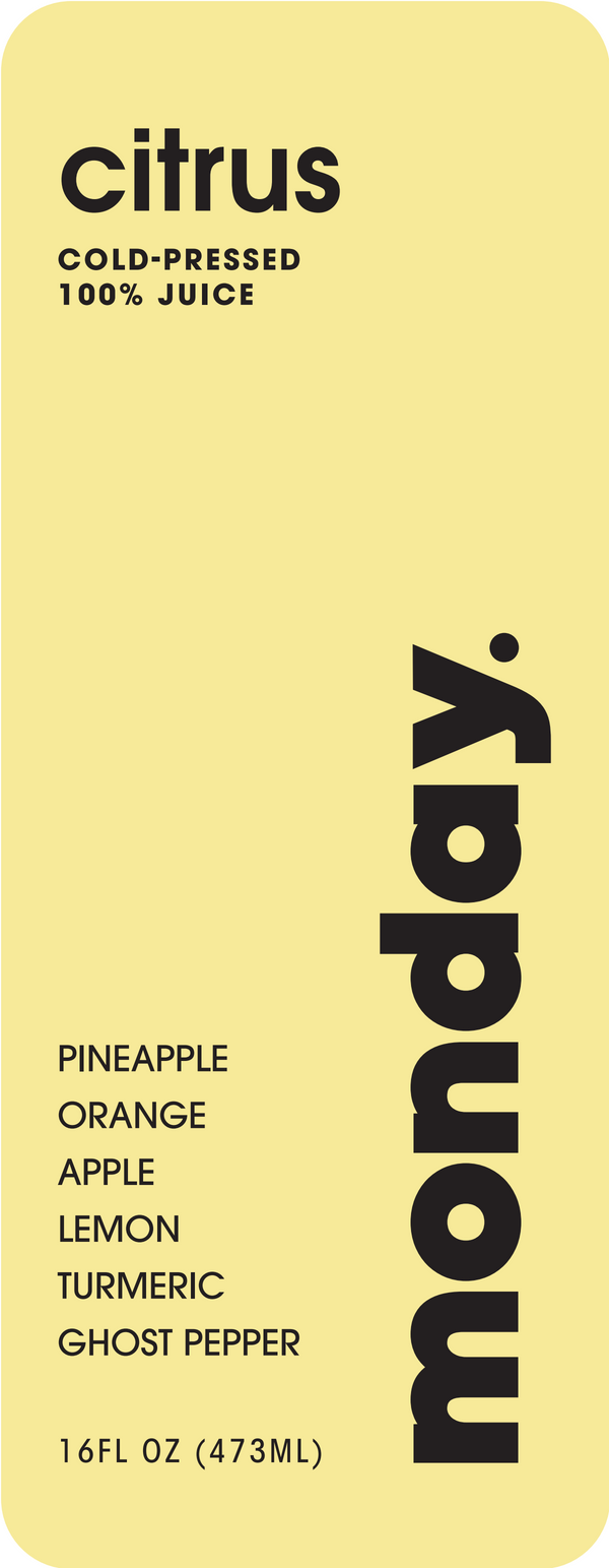 Citrus cold-pressed juice packaging featuring pineapple, orange, apple, lemon, turmeric, and ghost pepper.